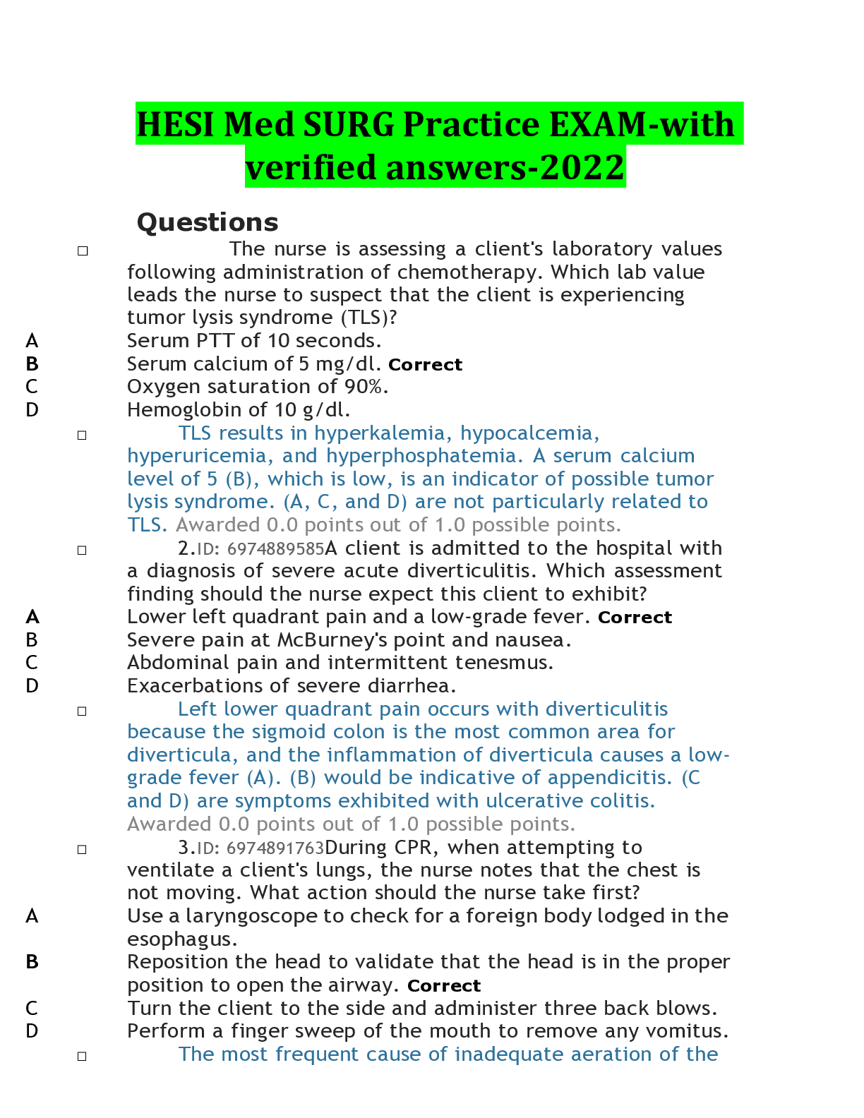 Preview image for HESI Med SURG Practice EXAM-with verified answers-2022